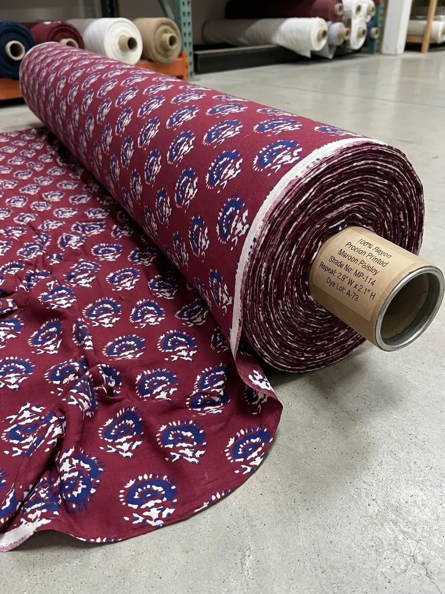 Maroon paisley printed rayon thaan in the warehouse